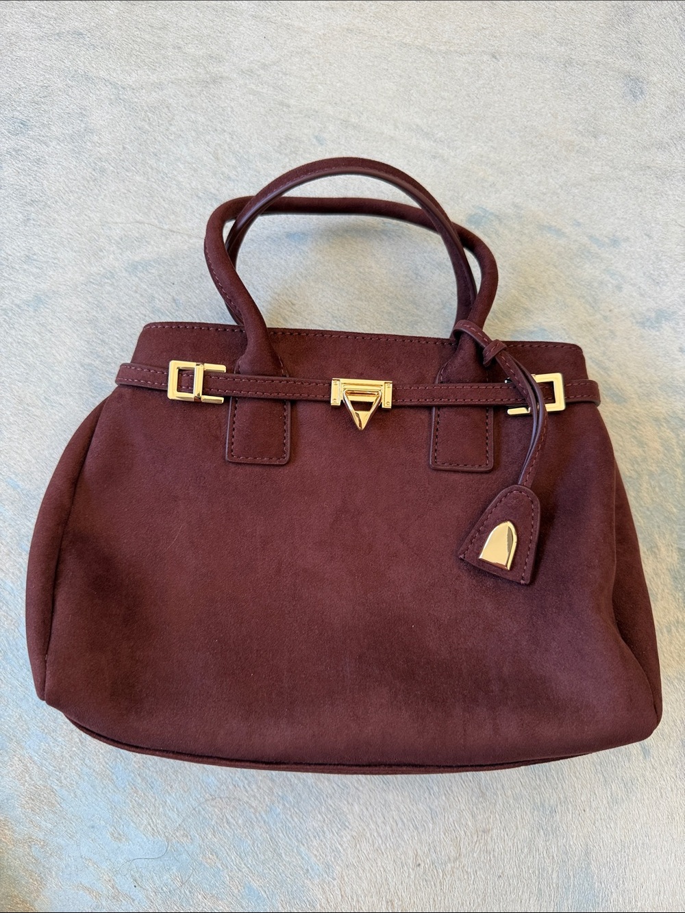 JW PEI Chocolate Brown Faux Suede Satchel with Gold Hardware